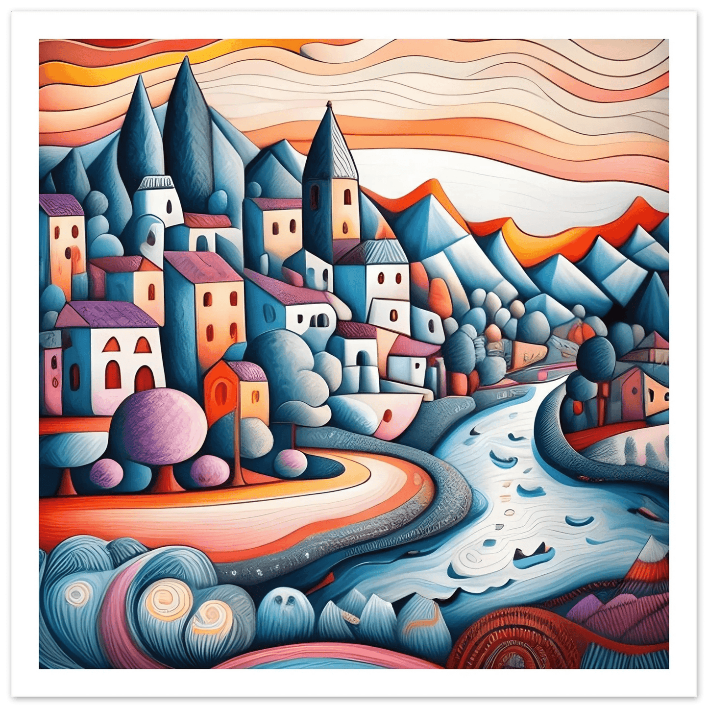 Wall art print with stylized village houses beside a winding river and hills