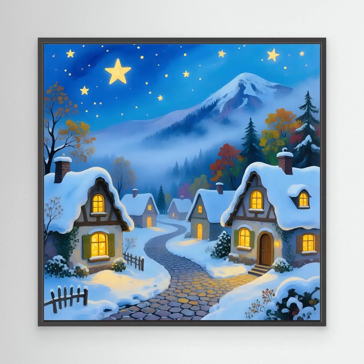 Black-framed snow village wall art with snowy cottages and starry night sky