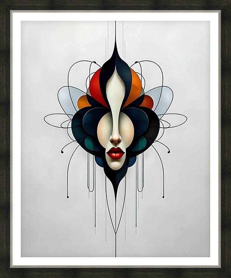 Framed surreal portrait artwork of a stylized face with red lips and dark headdress