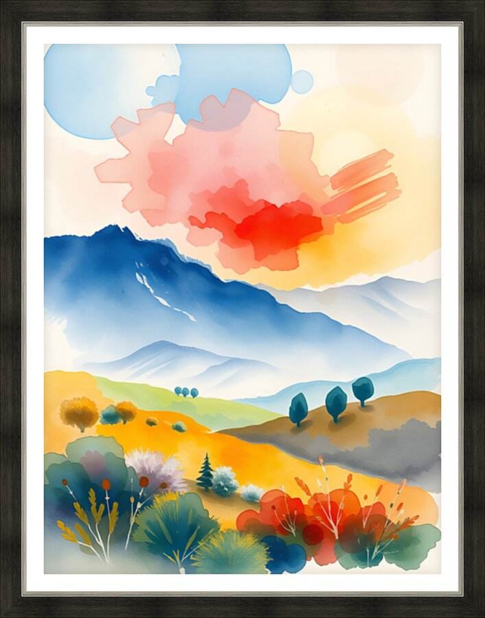 Framed watercolor landscape print with blue mountains, pastel clouds, and red blossoms