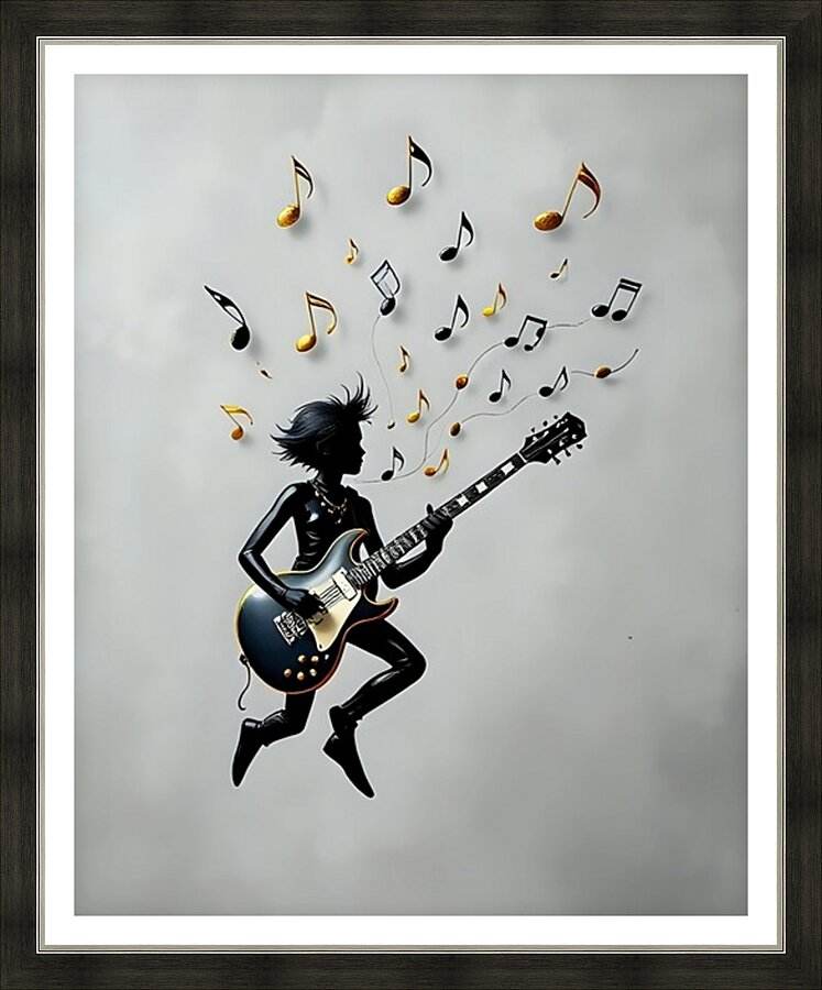 Framed musical silhouette wall art with guitarist and floating music notes above