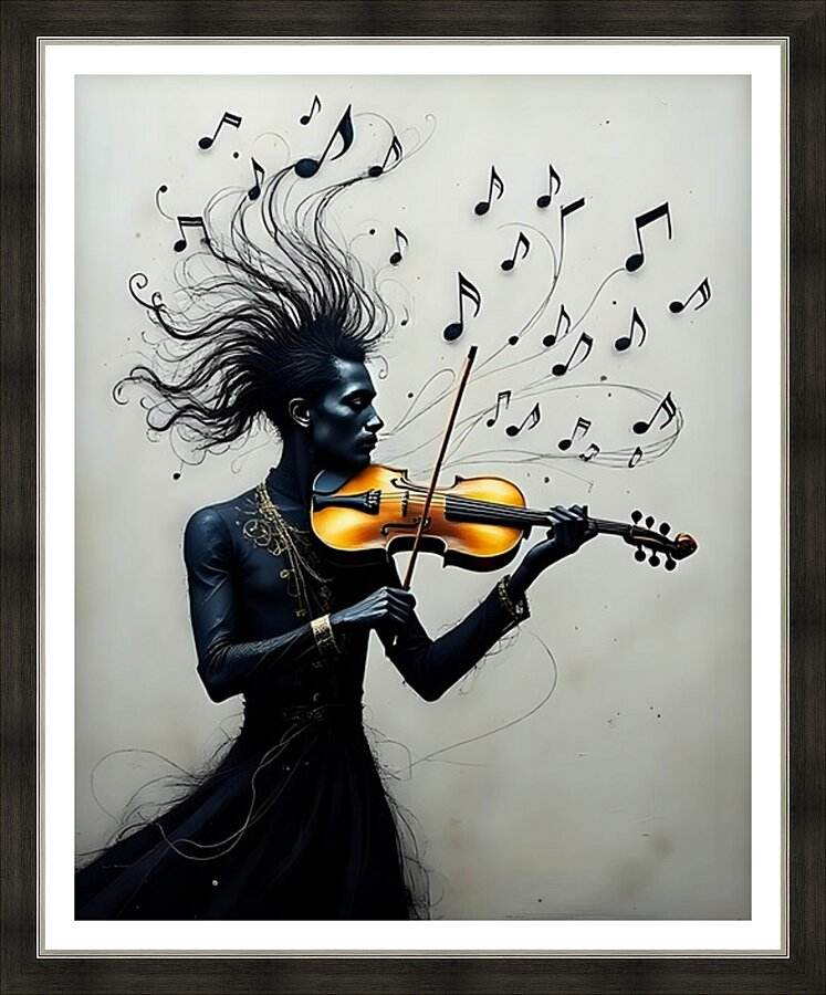 Framed wall art print of a violinist woman in a black dress with music notes