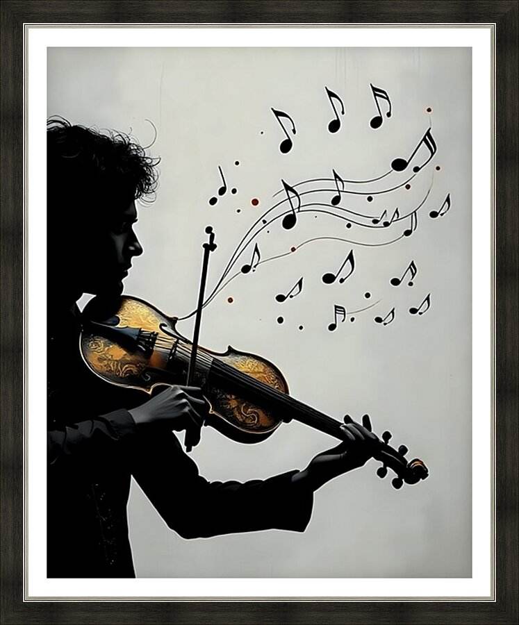 Framed violinist silhouette with gold violin and floating black music notes