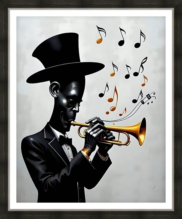Framed jazz wall art print with black musician in hat playing gold trumpet and music notes