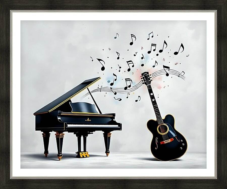 Framed wall art featuring a piano, black guitar, and scattered musical notes