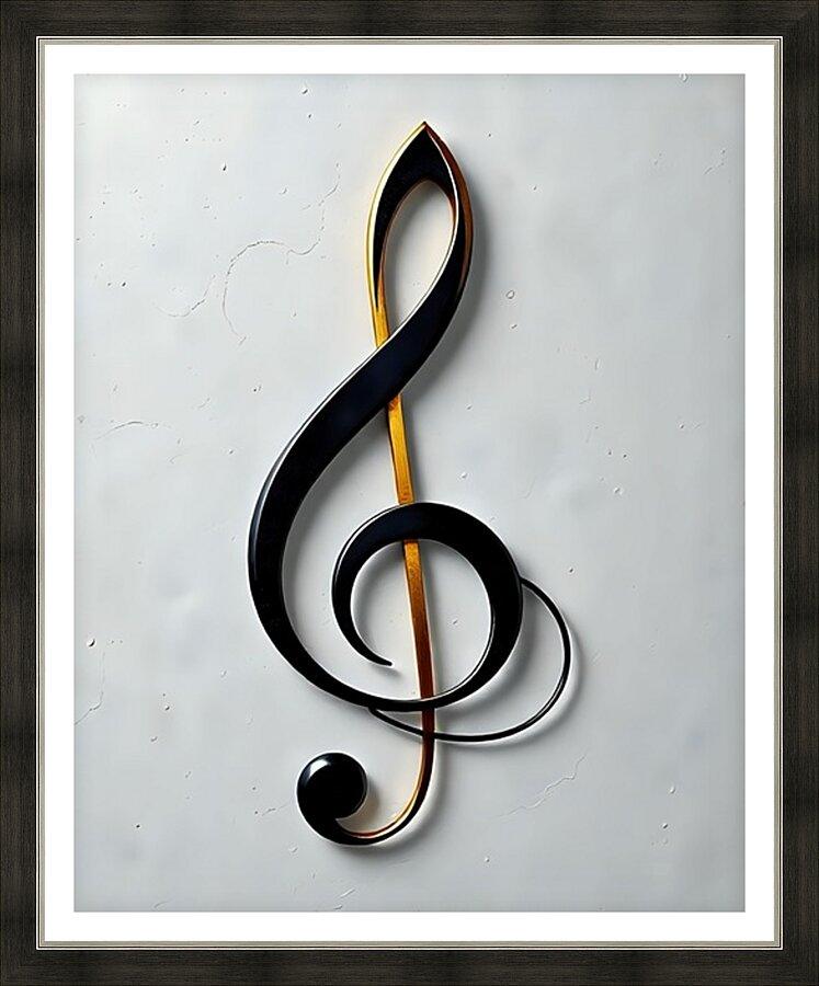 Framed treble clef wall art with black curls, gold accents, and a small disc ornament