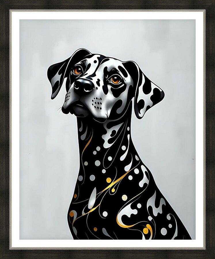 Framed dalmatian portrait wall art of a black-and-white dog with orange eyes and gold swirls