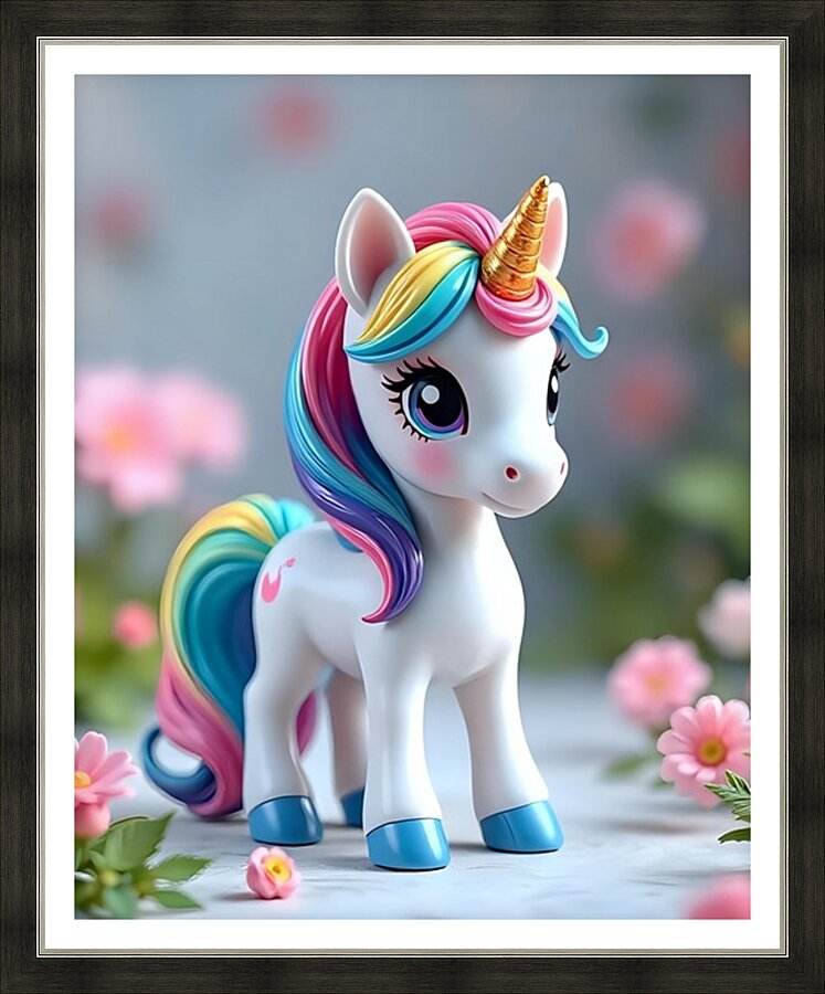Framed print of a white unicorn with rainbow mane and pastel flowers