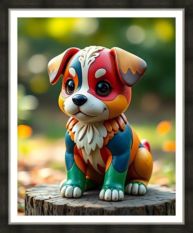 Framed colorful cartoon puppy print with red, blue, and brown fur