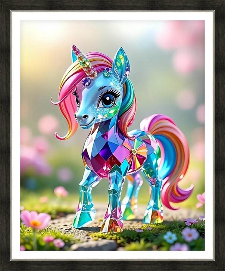 Framed unicorn art print with colorful rainbow mane and prismatic crystal details
