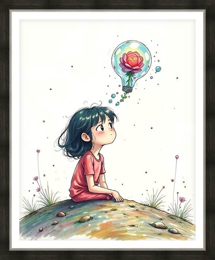 Framed art print of a girl holding a glowing lightbulb above her head on a globe