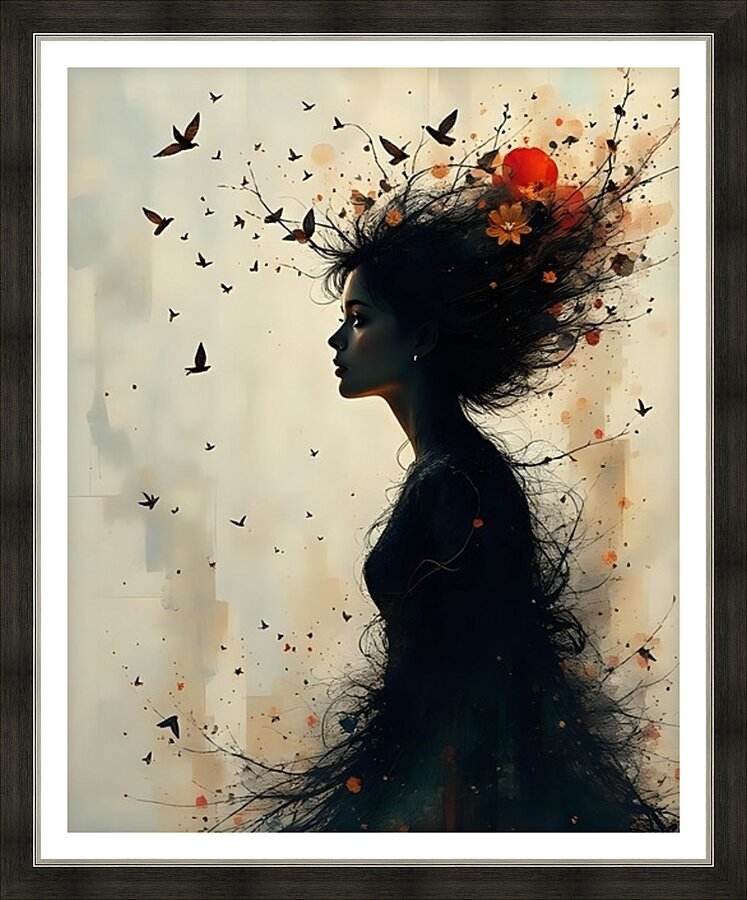 Framed art print with a dark-haired woman profile, birds flying, and red floral paint splatter