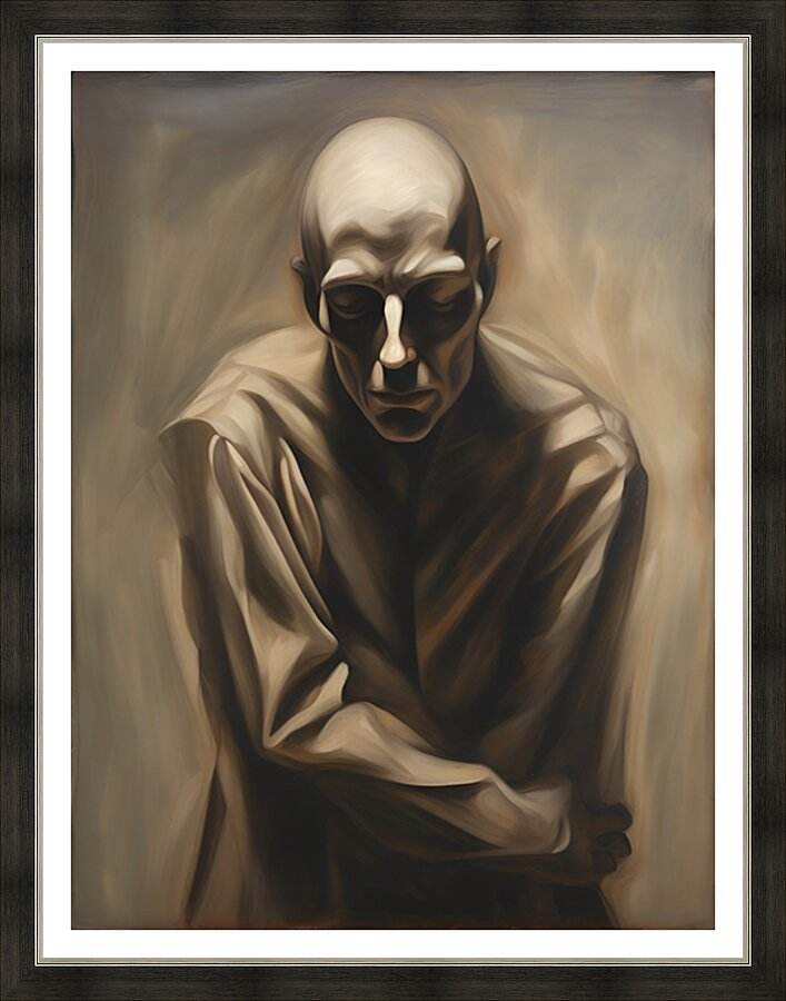 Framed monochrome portrait of a hooded skull-faced figure with arms crossed, black border