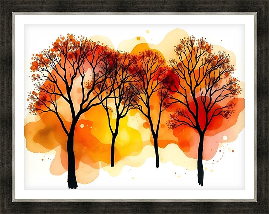 Framed autumn tree wall art with watercolor orange-red trees and black silhouettes in a dark frame