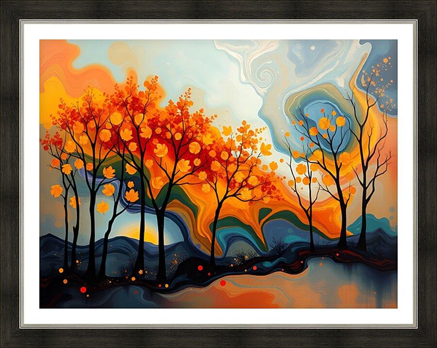 Framed abstract autumn forest print with orange and blue trees, swirled sky, and water