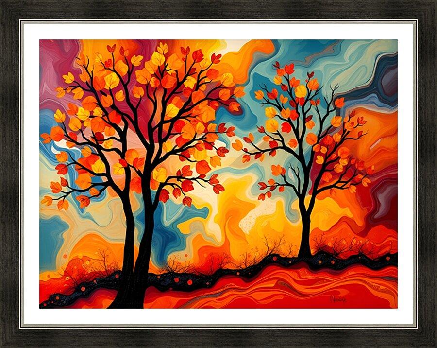 Framed abstract fall trees print with black trunks, orange-red foliage, and blue swirling sky