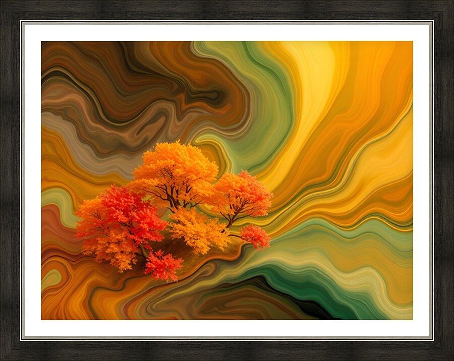 Framed art print of autumn trees in swirling orange and green abstract waves