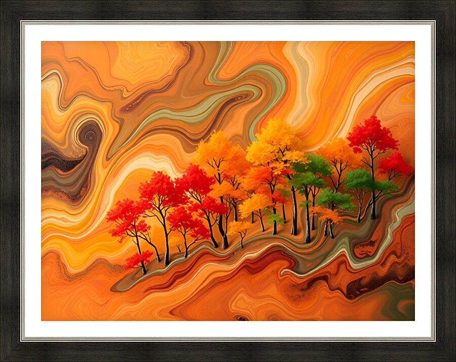 Framed abstract autumn landscape wall art with orange swirls and red-yellow trees
