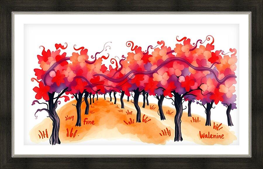 Framed autumn orchard watercolor landscape print with red flowering trees and orange path