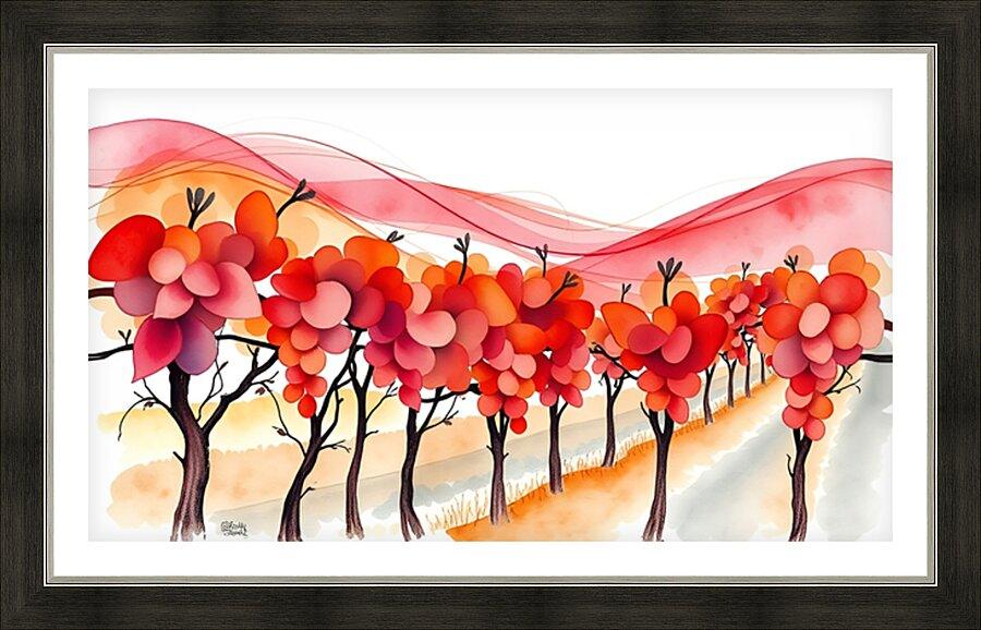 Framed wall art print of trees with red, pink, and orange leaf clusters along a path