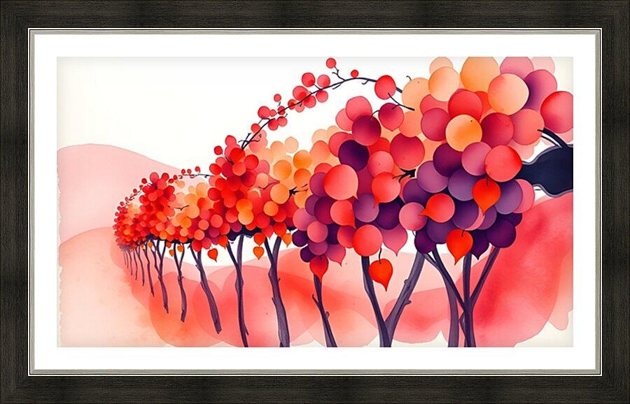 Framed watercolor tree artwork with red, orange, purple canopies and dark trunks