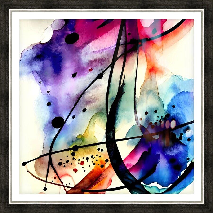 Framed abstract watercolor wall art with black arcs and multicolor watercolor splashes