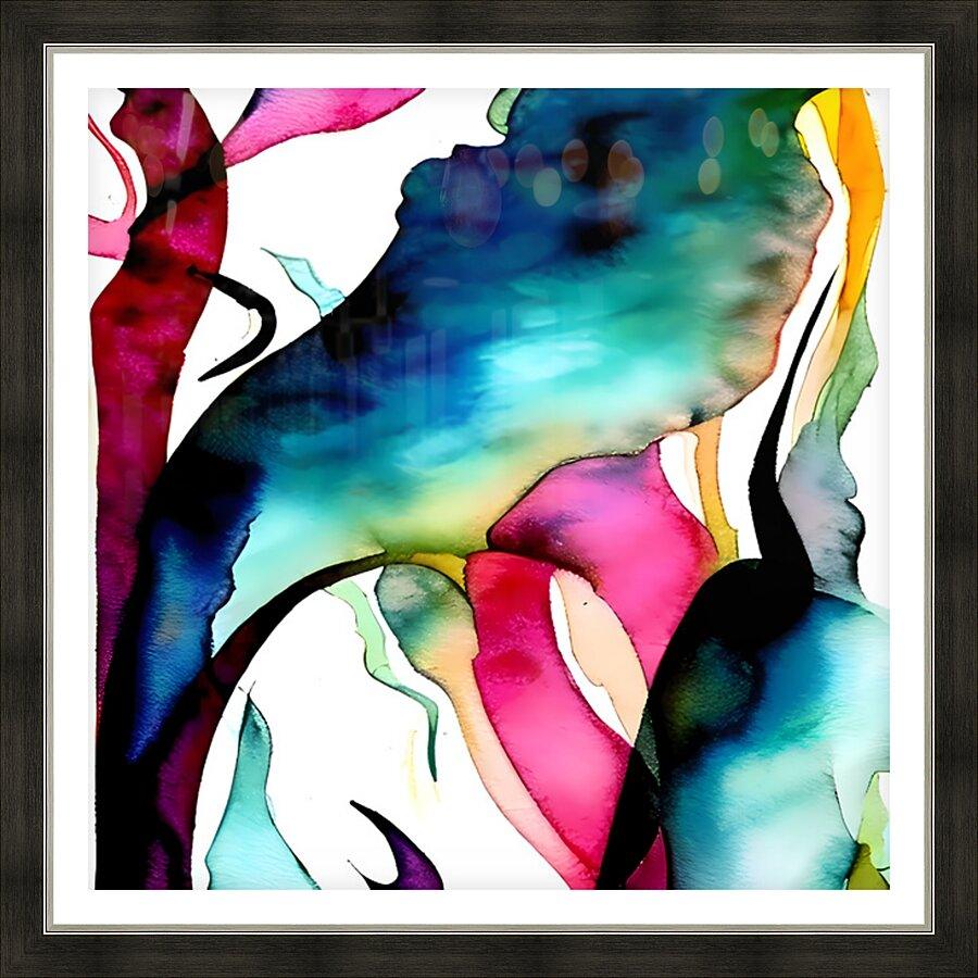 Framed abstract fluid wall art with pink, teal, and blue organic forms