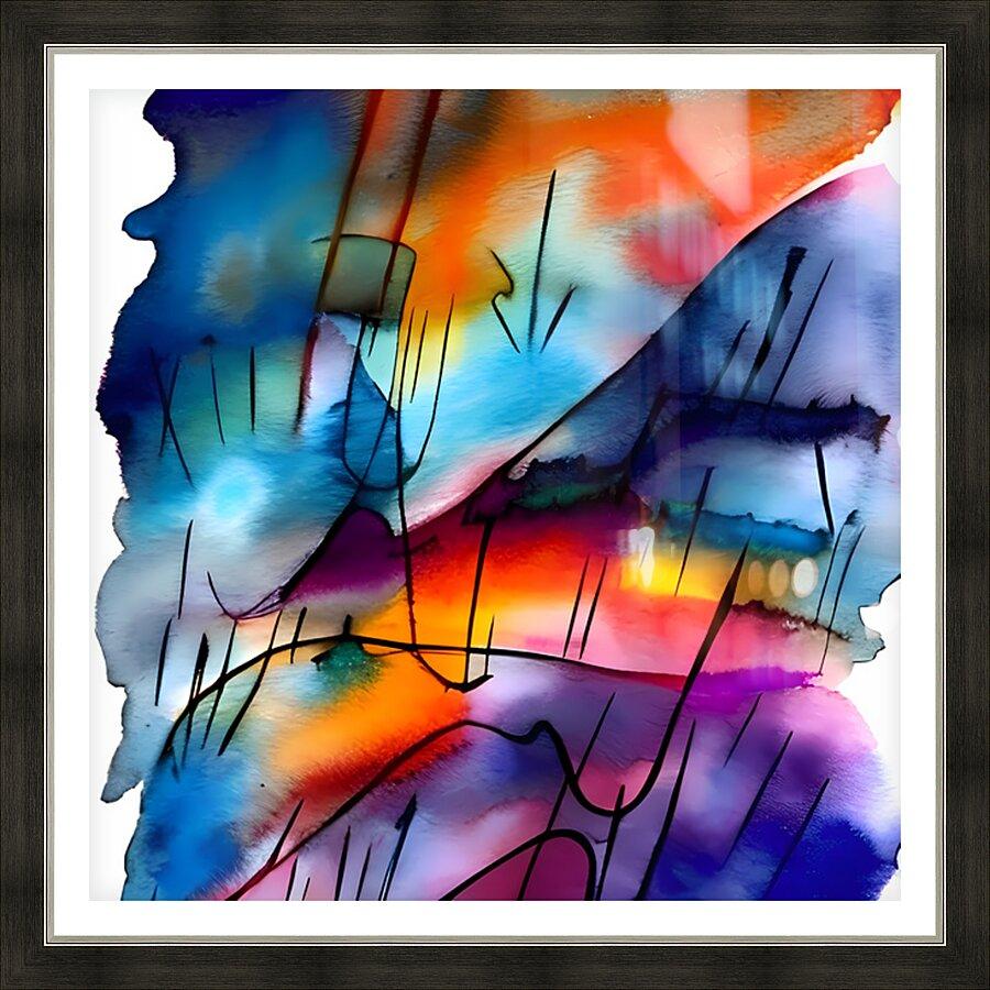 Framed abstract watercolor wall art with blue, orange, purple splashes and black marks