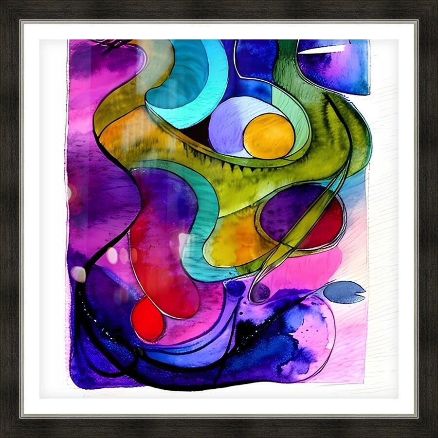 Framed abstract watercolor art print with colorful flowing shapes and splatter accents.