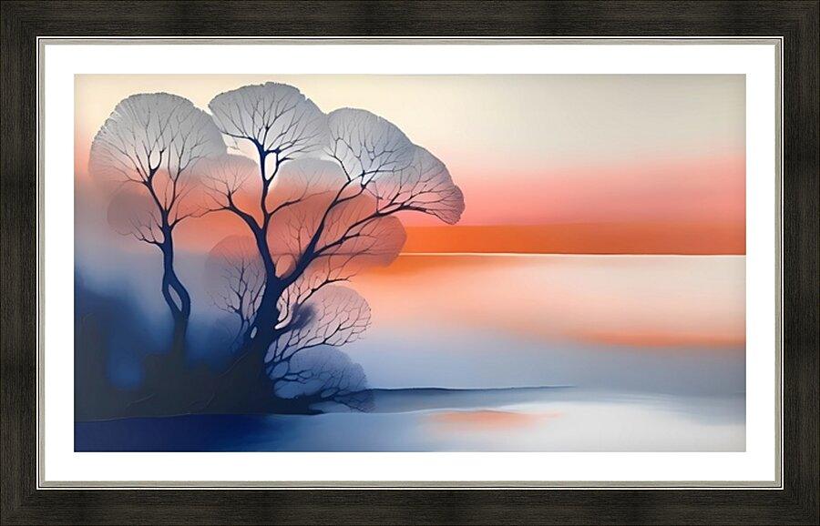 Framed landscape wall art with leafless tree silhouettes and pastel sunset over water.