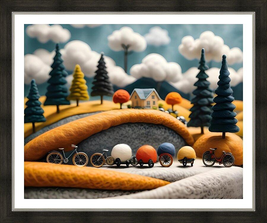 Framed yarn-style bicycle scene art print with bikes, house, and pine trees