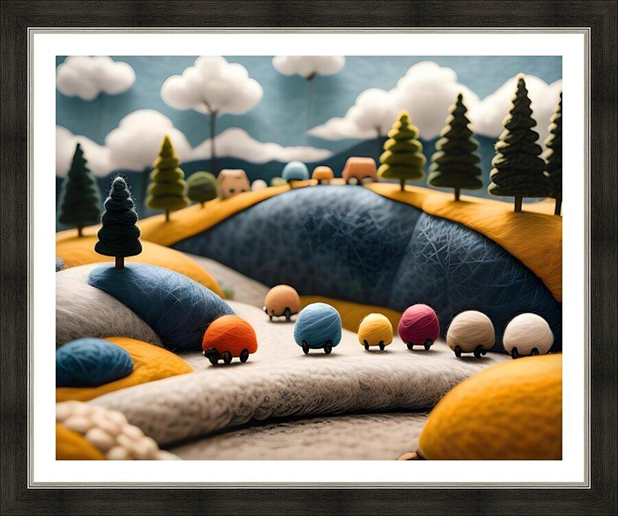 Framed countryside sheep toy cars print with blue hill, trees, and rounded clouds