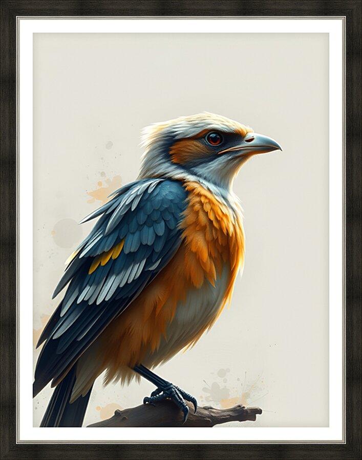 Framed bird portrait artwork with blue wings and orange chest