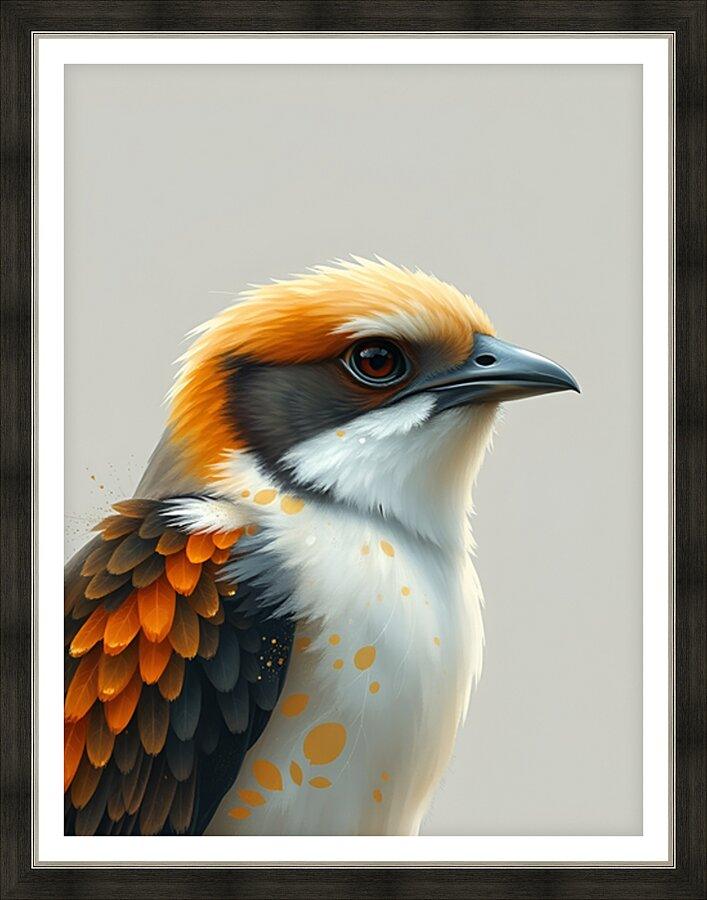 Framed colorful bird portrait print with orange crest, black wing, and white chest