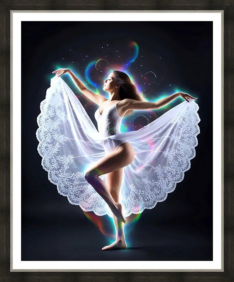 Framed ballerina wall art with white tutu and glowing sparkles, dancer on pointe