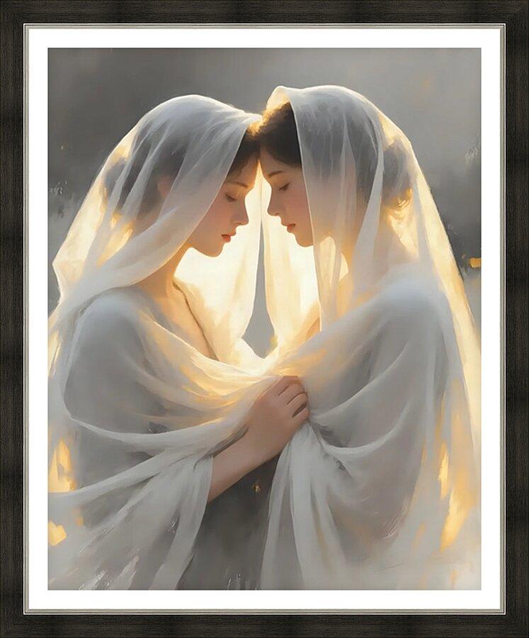 Framed art of two women in flowing white veils embracing, arms wrapped in drape