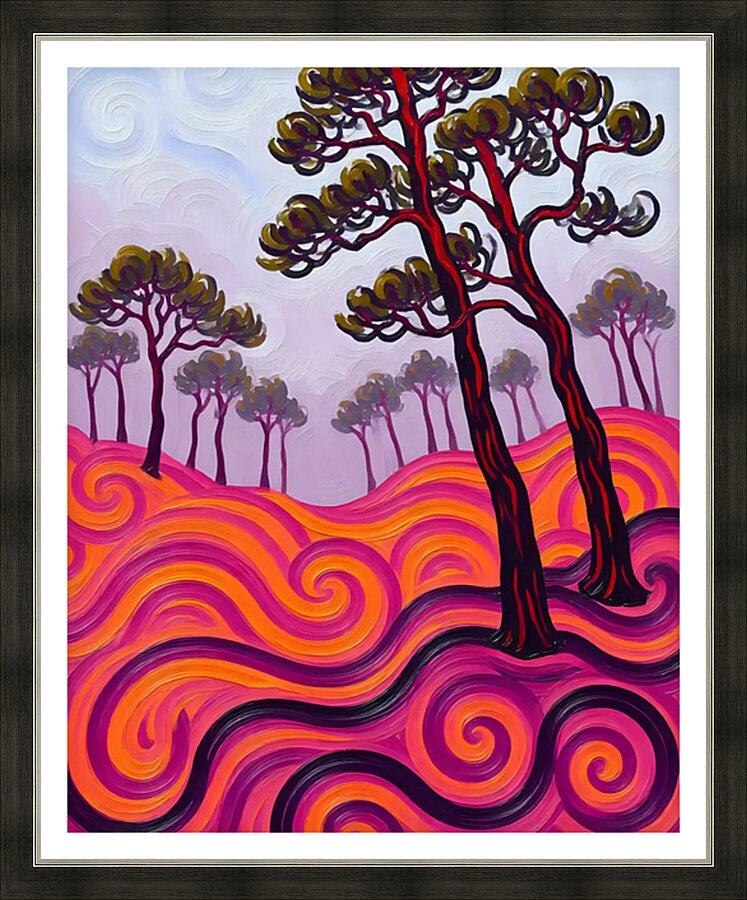 Framed swirling forest landscape painting with red trees and vibrant rainbow swirls