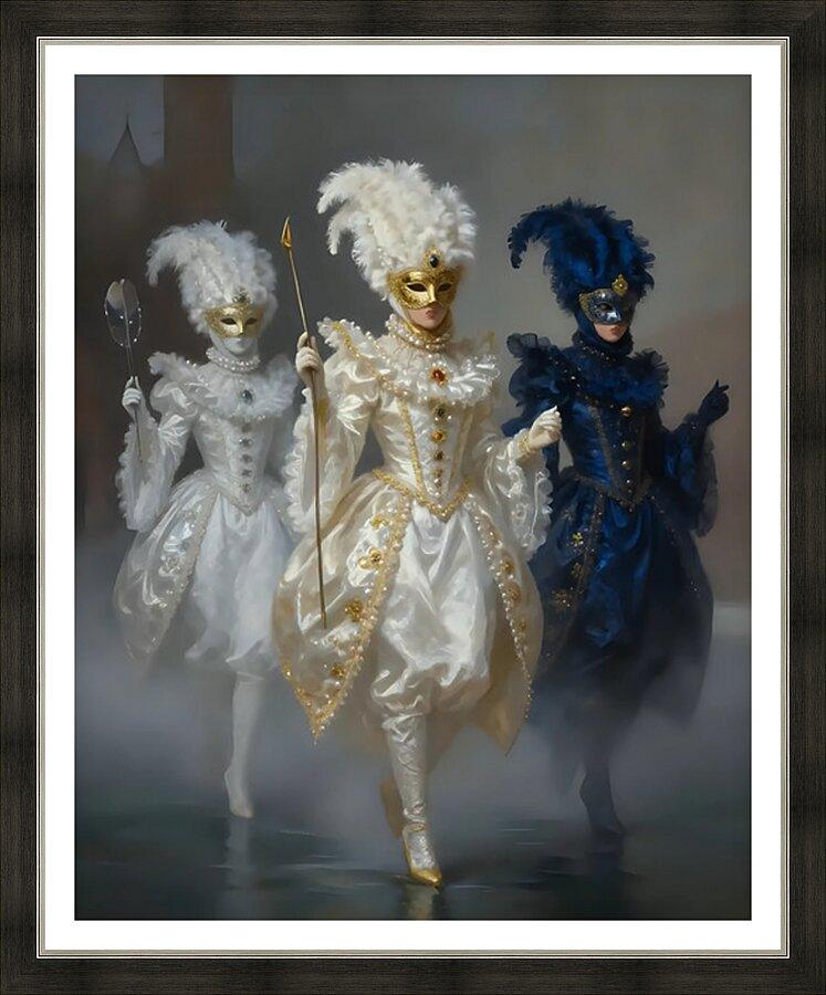Framed masquerade trio art print with three masked dancers in white, gold, and blue