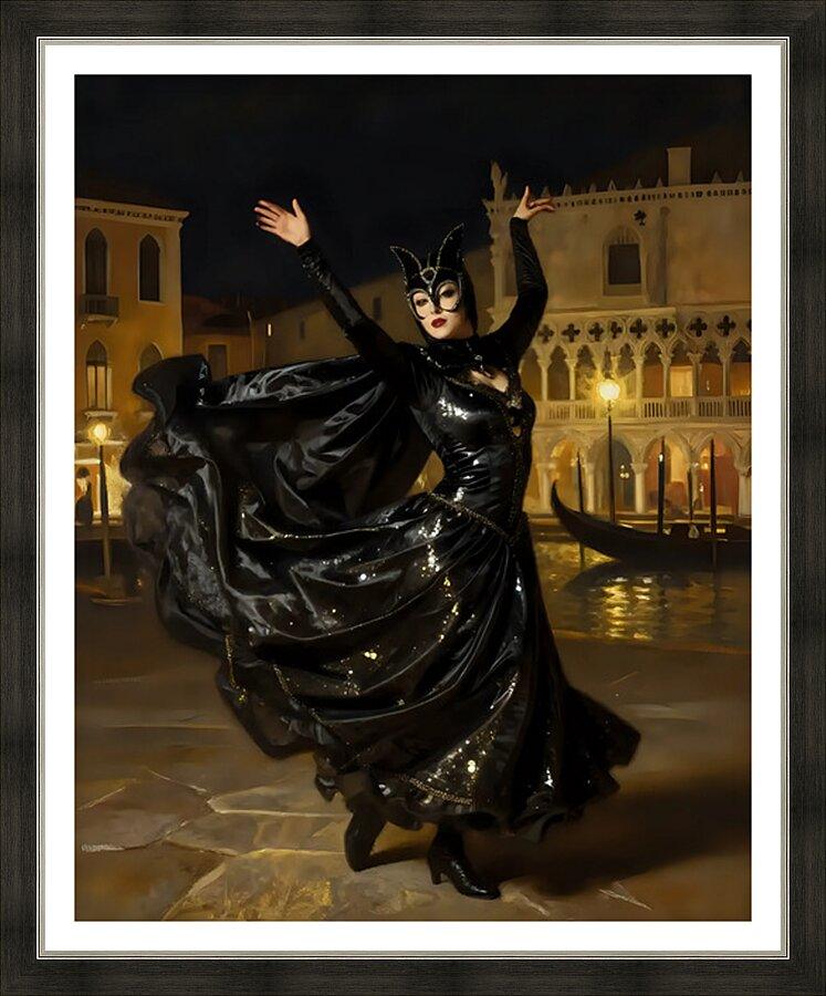 Framed masquerade print of dancer in glossy black mask and long dress, arms raised