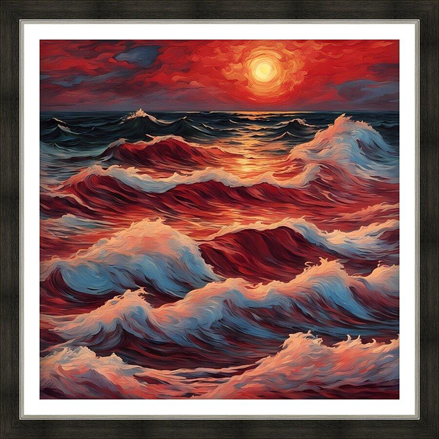Framed ocean waves print featuring red-orange sunset glow and blue-white swirling crests