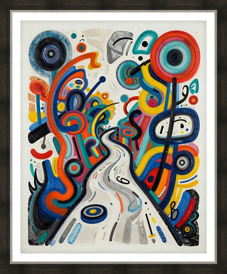 Framed abstract art print with colorful swirls and winding white pathway, blue red yellow