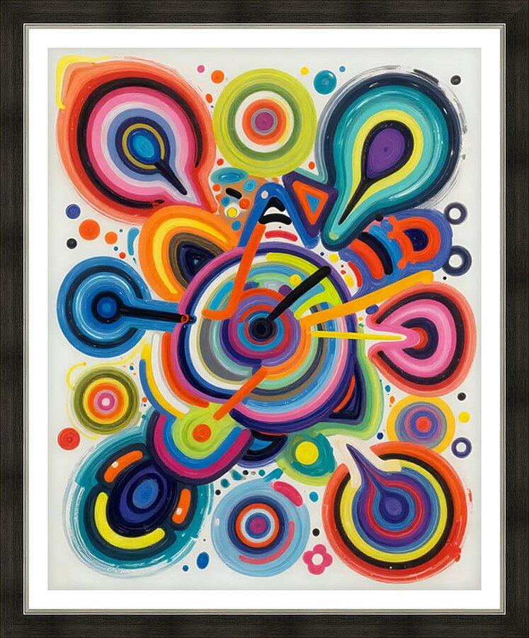 Framed abstract circular pattern art with multicolor swirls and ring motifs