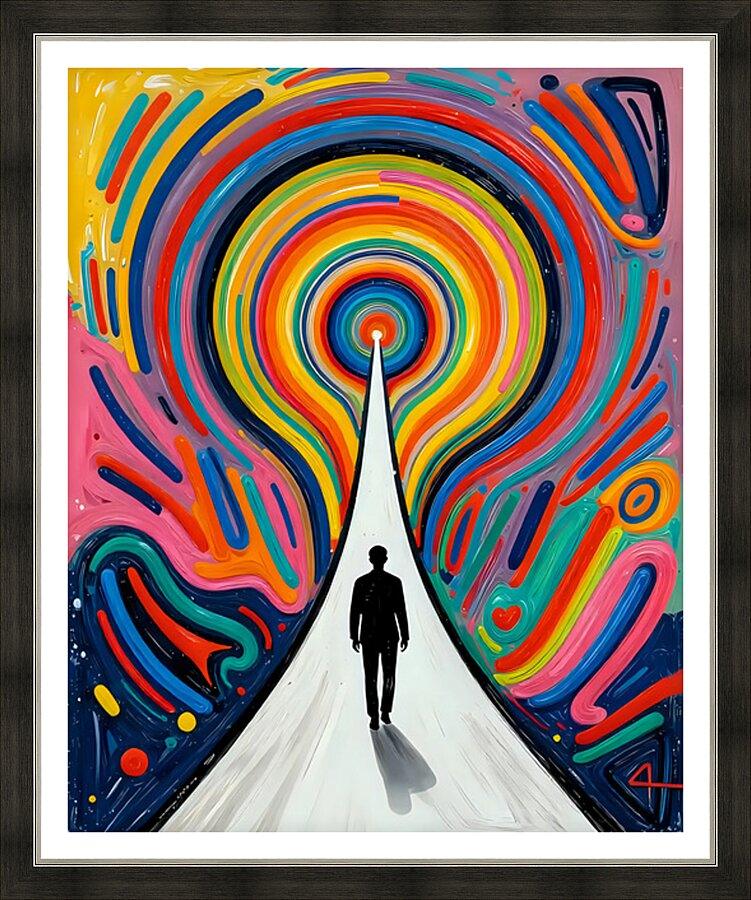 Framed rainbow vortex wall art with rainbow tunnel, silhouette figure, and white path
