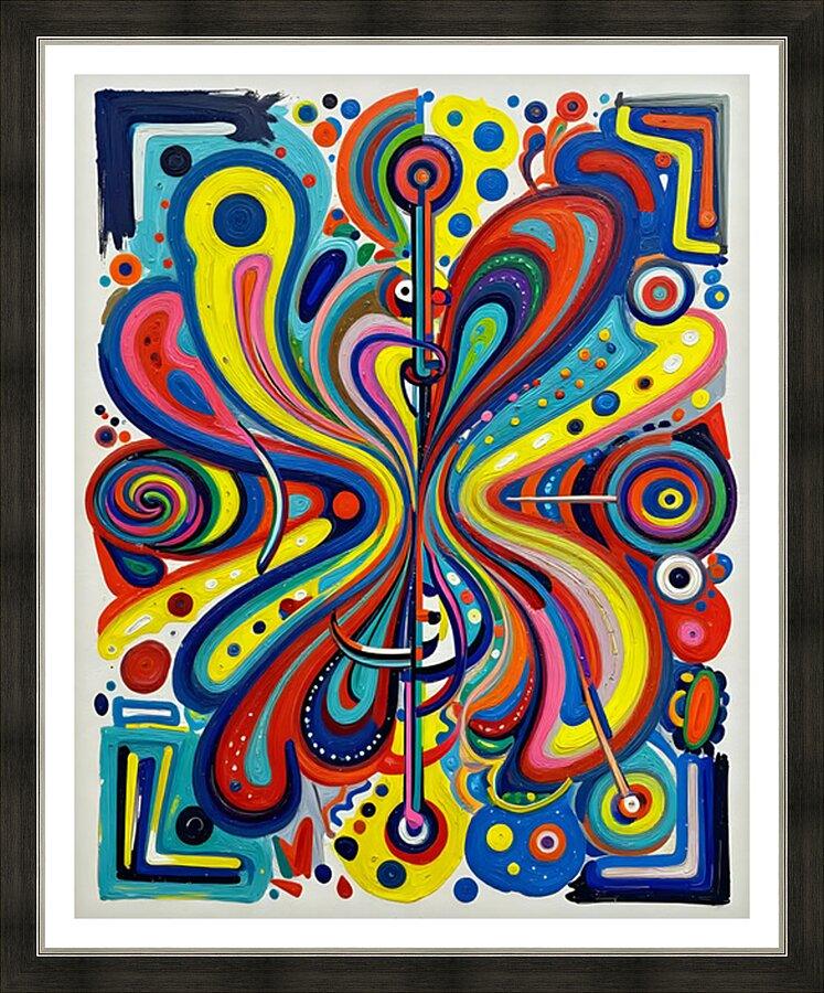 Framed abstract colorful swirl and circle artwork with ribbon-like lines and dots