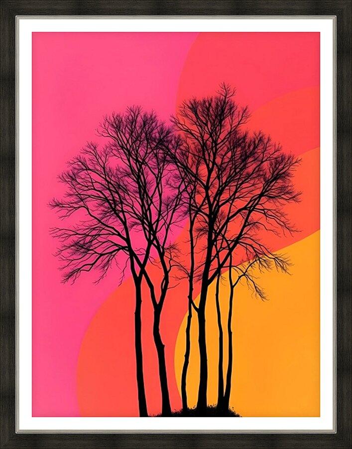 Framed tree silhouette sunset print with black trunks on pink and orange gradient