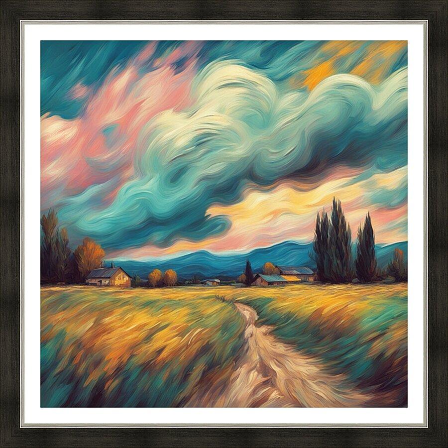 Dramatic Clouds 22 framed landscape artwork with colorful sky clouds over countryside