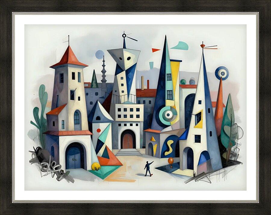 Framed geometric cubist cityscape artwork with tall buildings, bright colors, and abstract figures