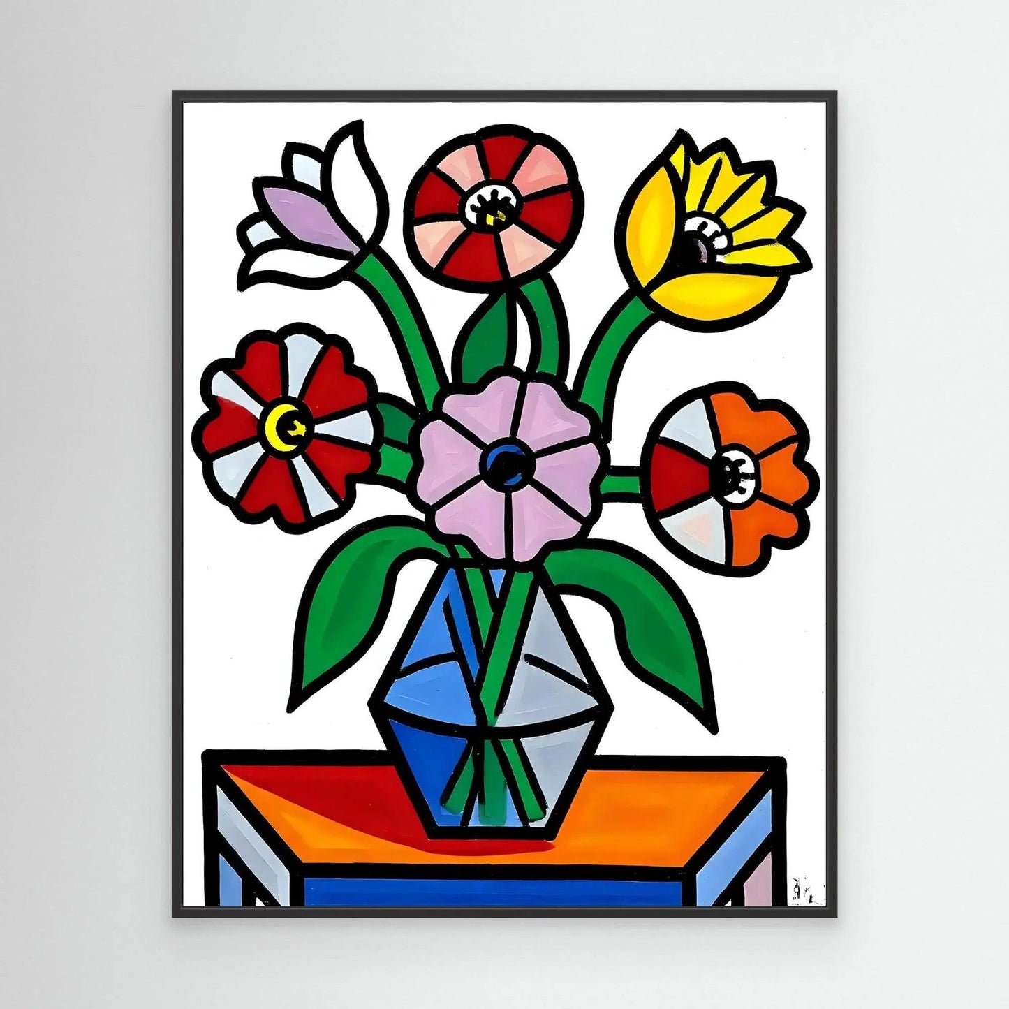 Geometric flower bouquet wall art showing five stylized flowers and a blue vase, framed