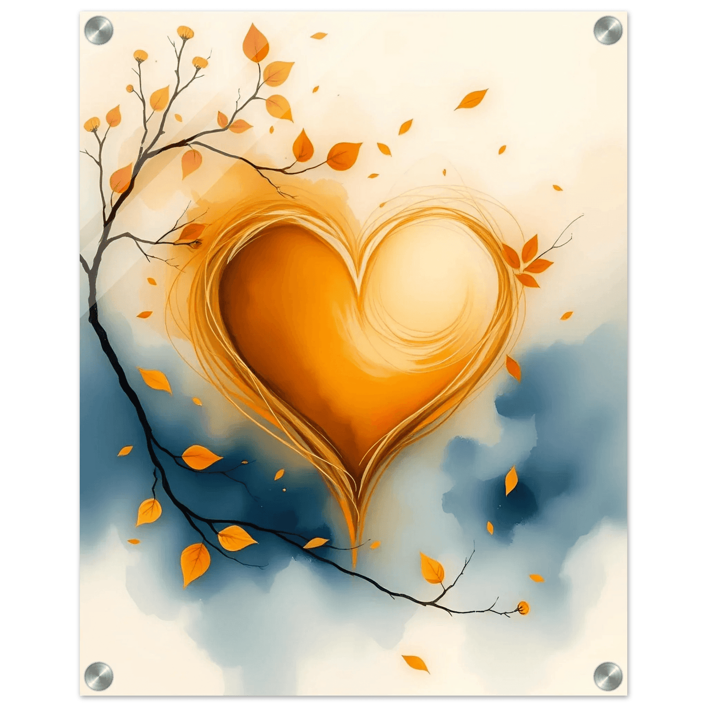Autumn heart acrylic print featuring orange heart ribbon, leaf branches, and scattered leaves