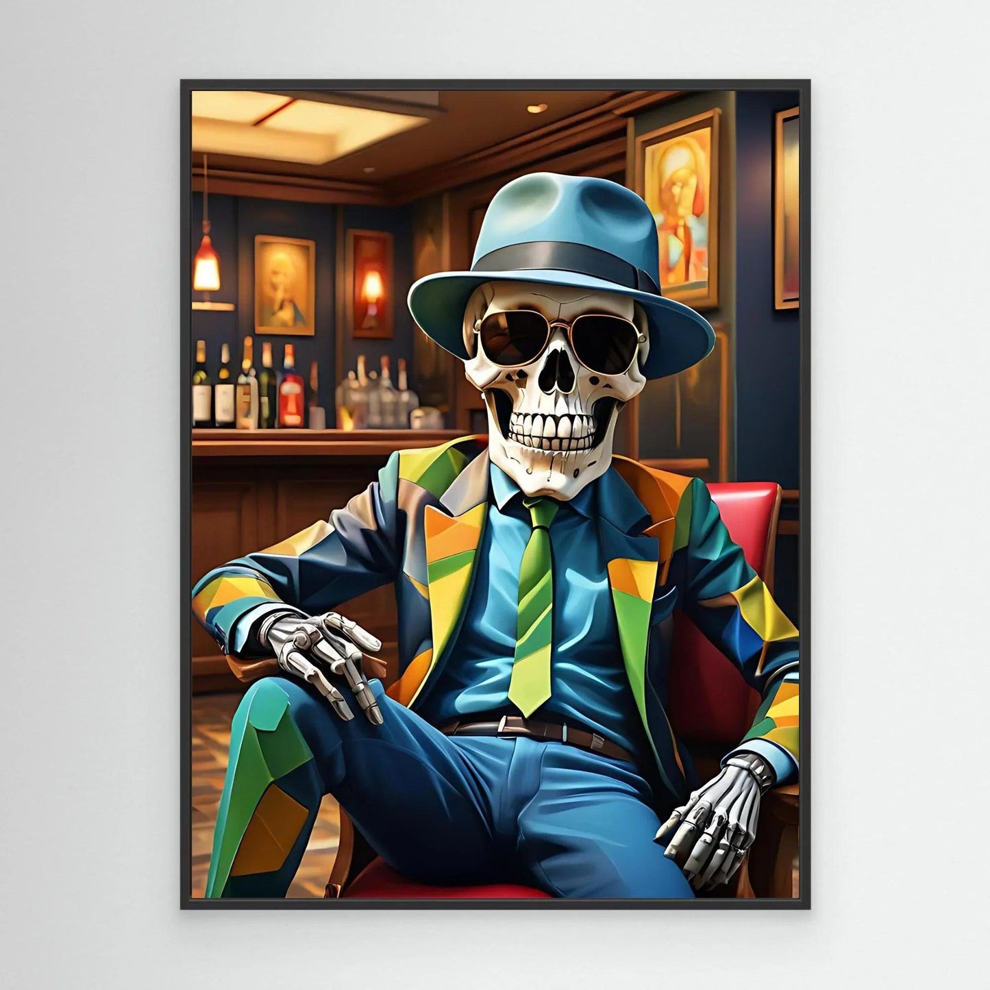 Framed skull character artwork in a teal hat and multicolor suit, seated with a pistol.